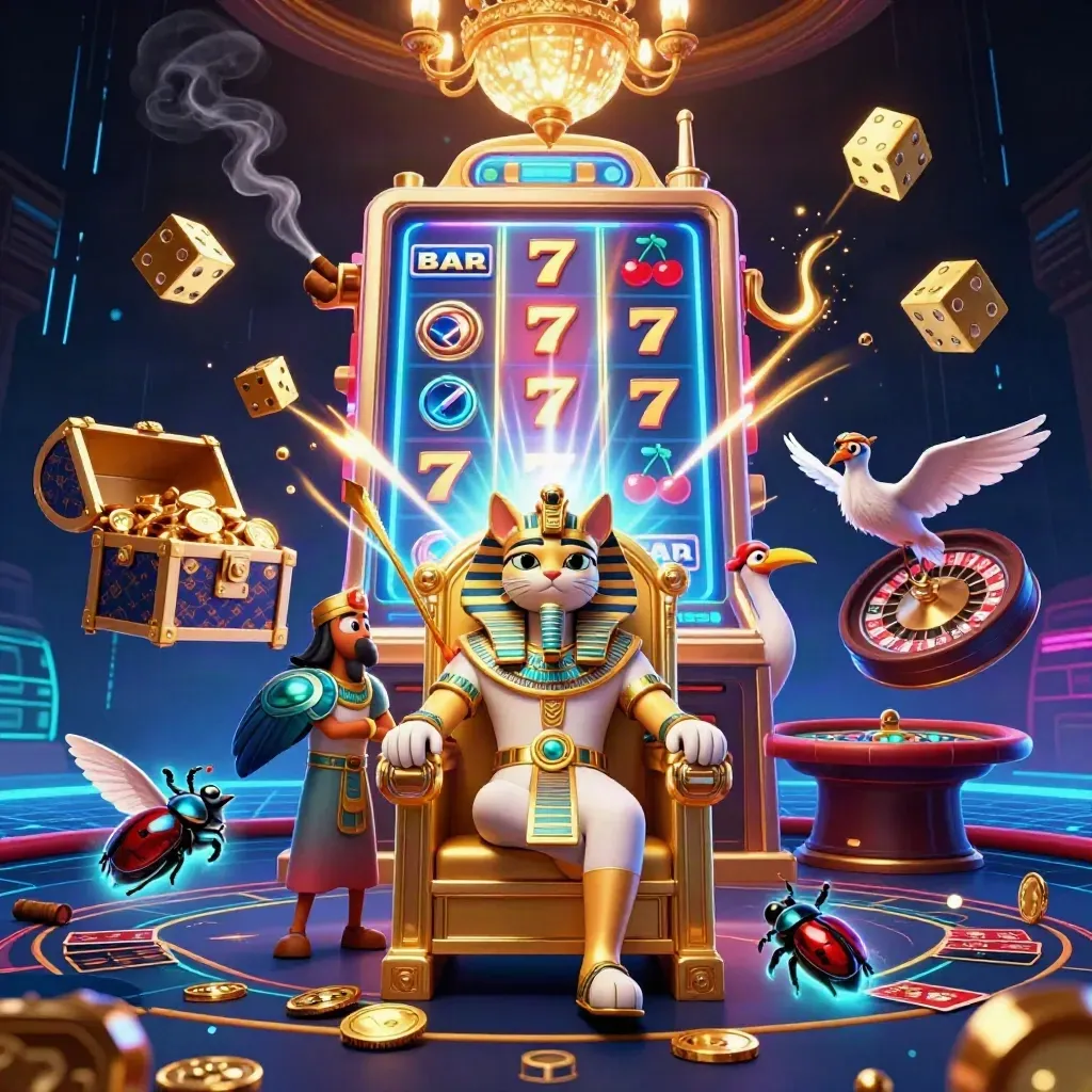 Pharaoh cat, ibis scribe, and gem-wing scarabs amid casino luxuries and neon effects.