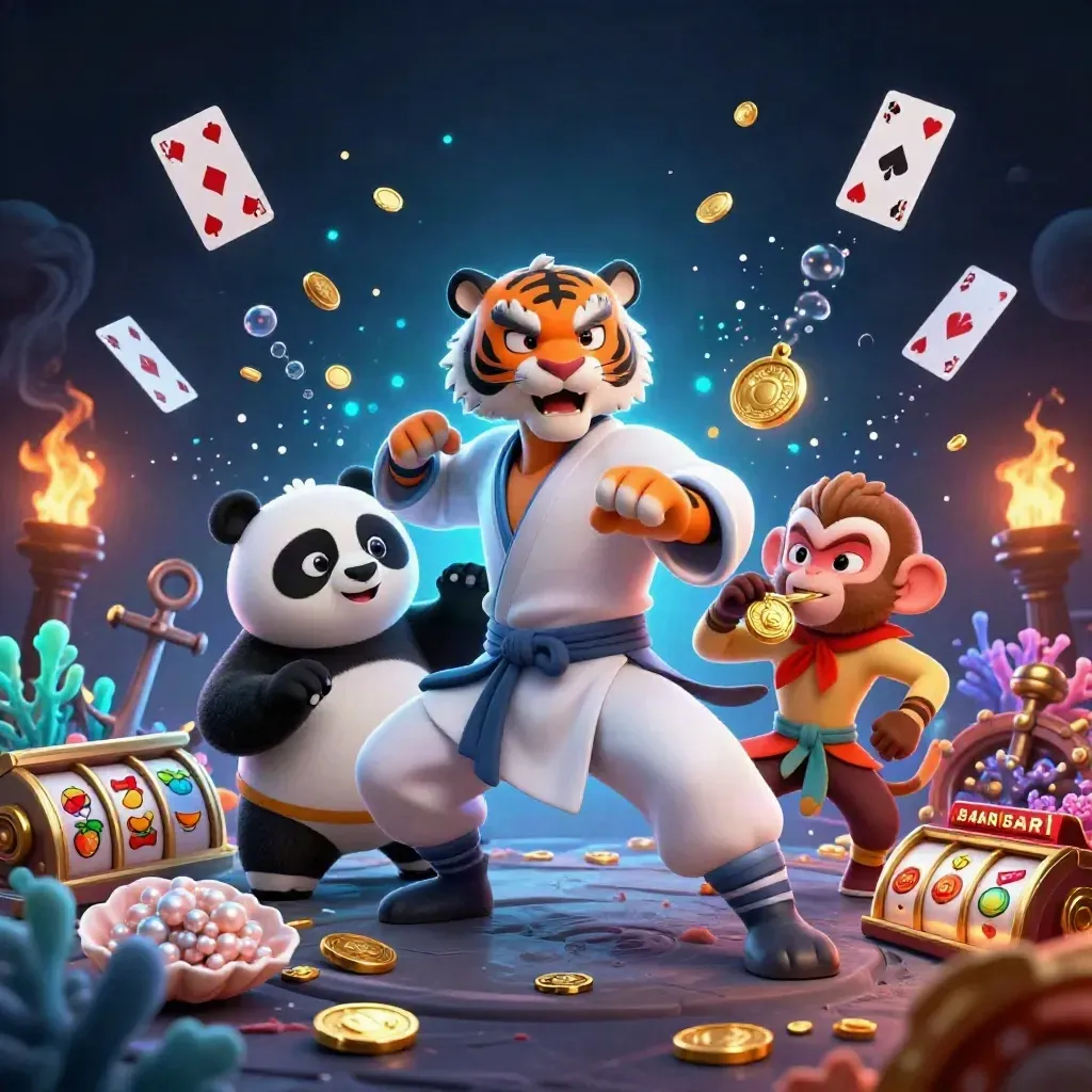 Kung-fu tiger, panda, and monkey amid gold coins, coral, cards, and neon casino effects.