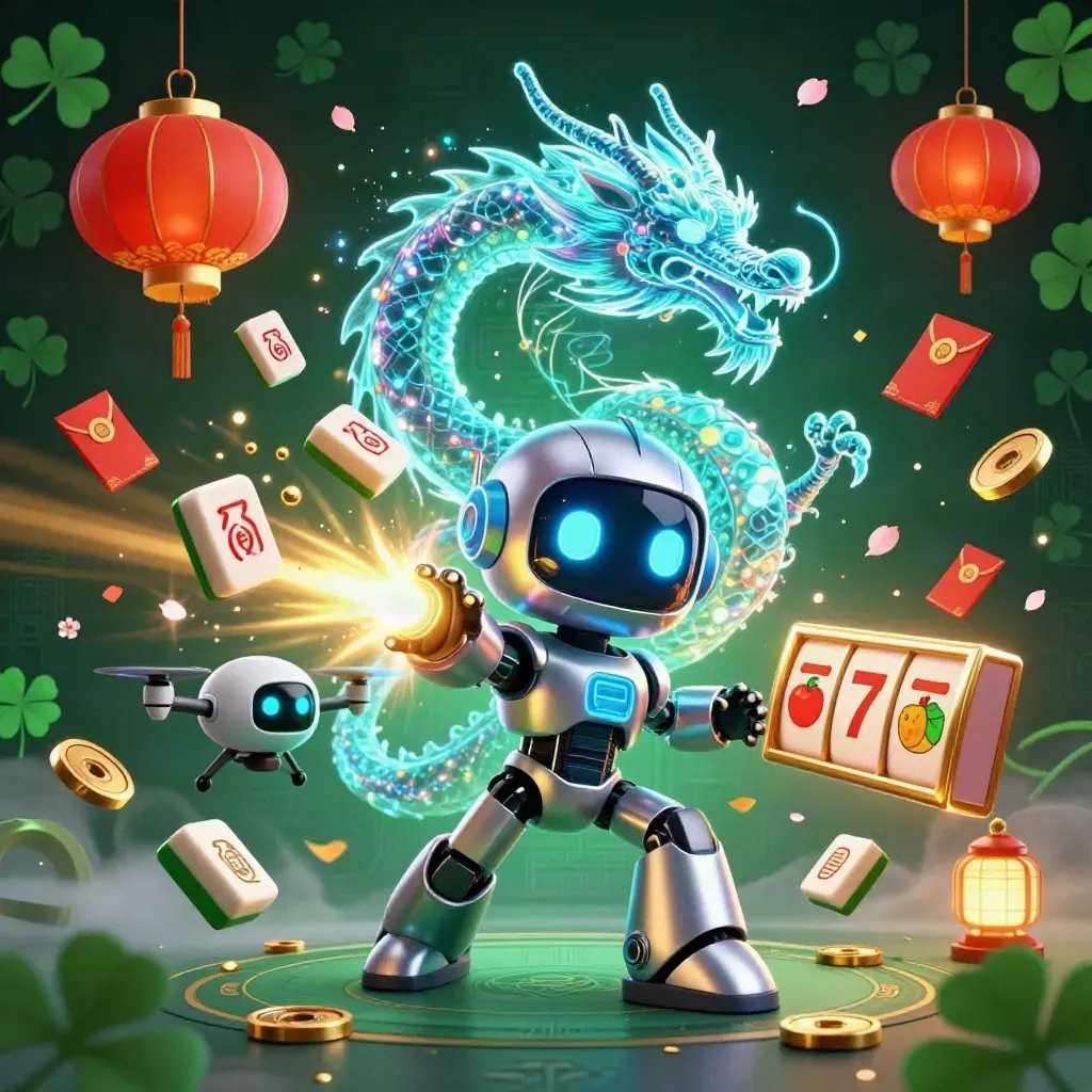 Cyberpunk robot, holographic dragon, and coin drone amid casino bursts and glowing tiles.