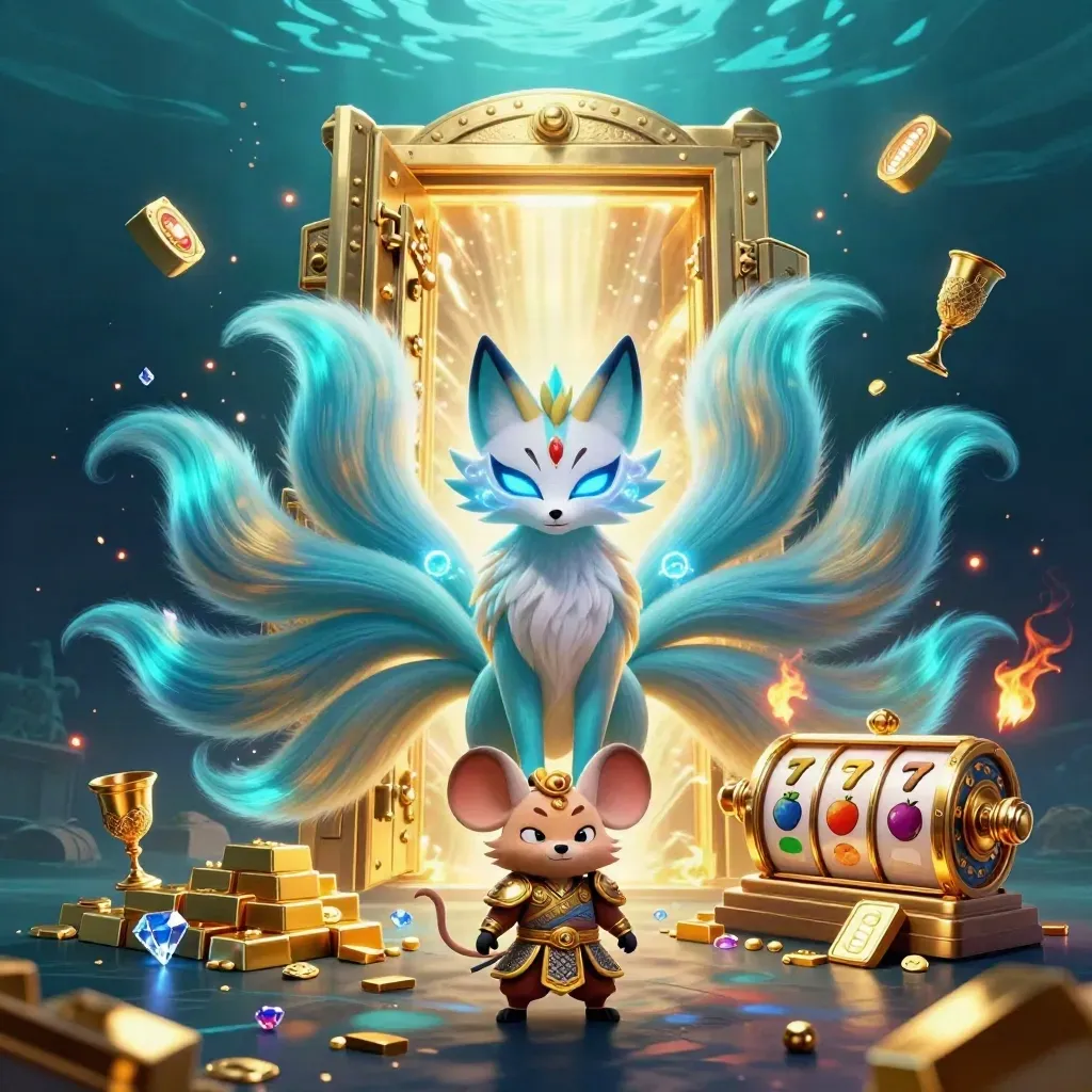 Nine-tailed fox spirit and samurai mouse amid vault gold, reels, gems, and cyan-blue casino glow.